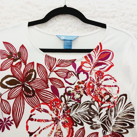 T-Shirt Size M Cream Red Olive Floral Bead Bloomcore Maximalist Vacation Casual - Picture 2 of 16